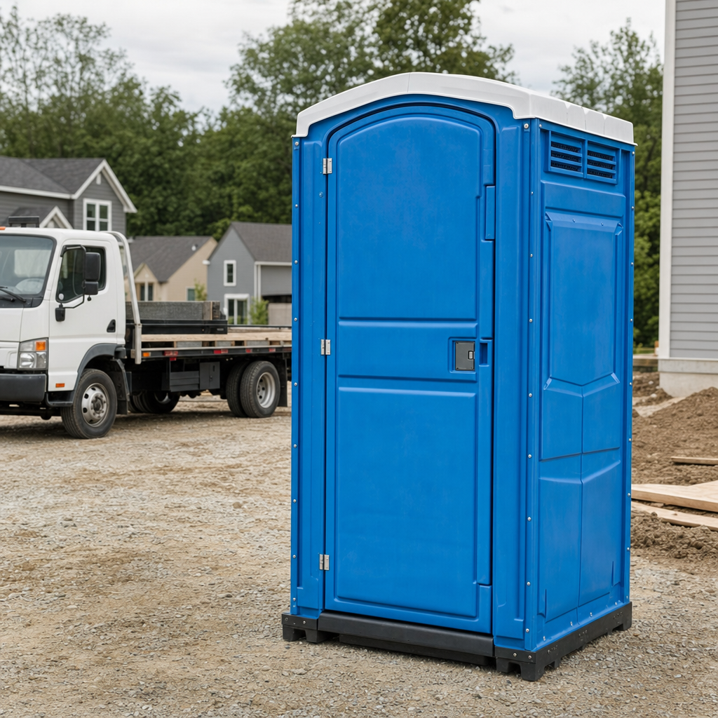 Delivery driver positioning a clean royal-blue portable toilet on level ground at a Ann Arbor worksite
