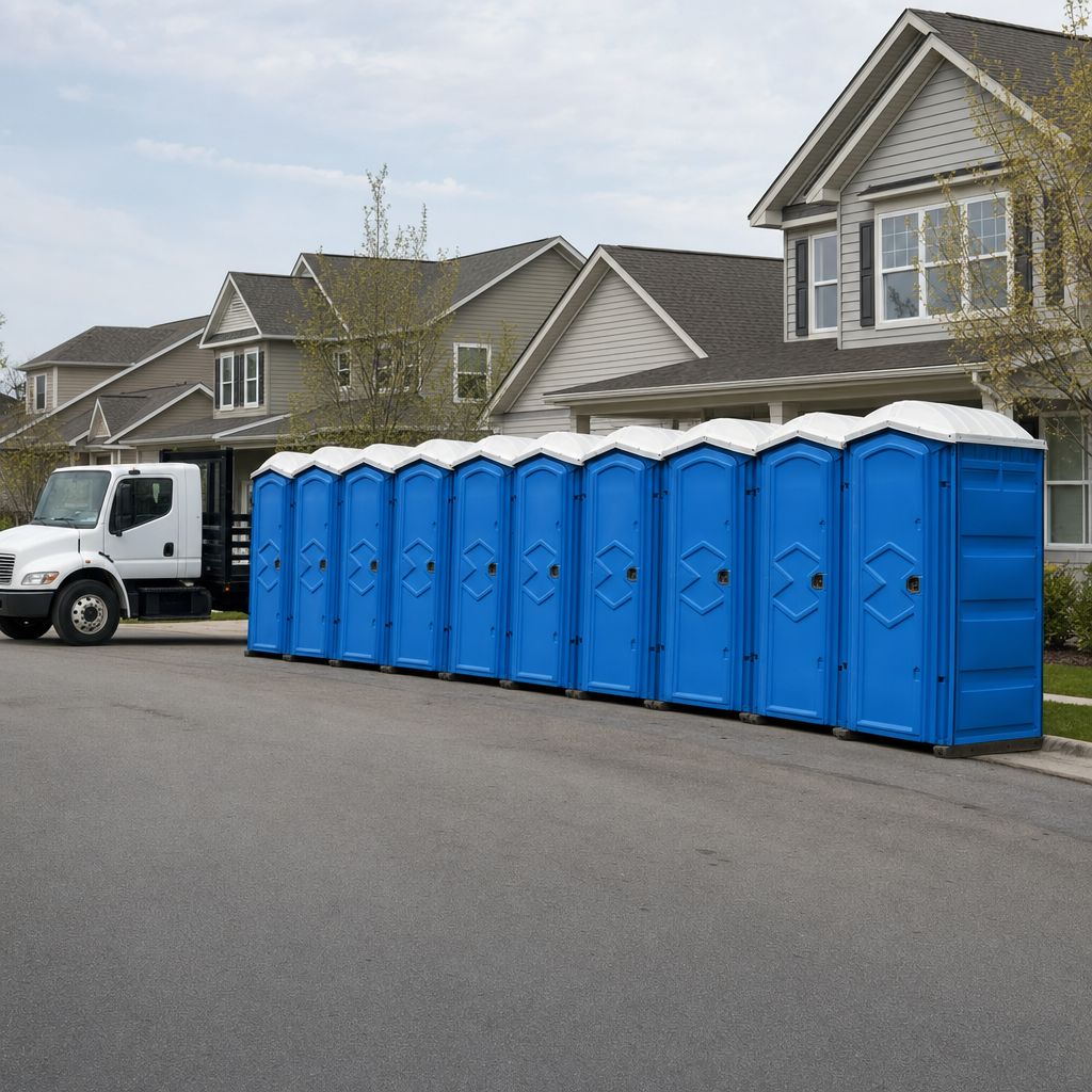 Royal blue portable toilets staged in a tidy row at a Ann Arbor jobsite, ready for delivery