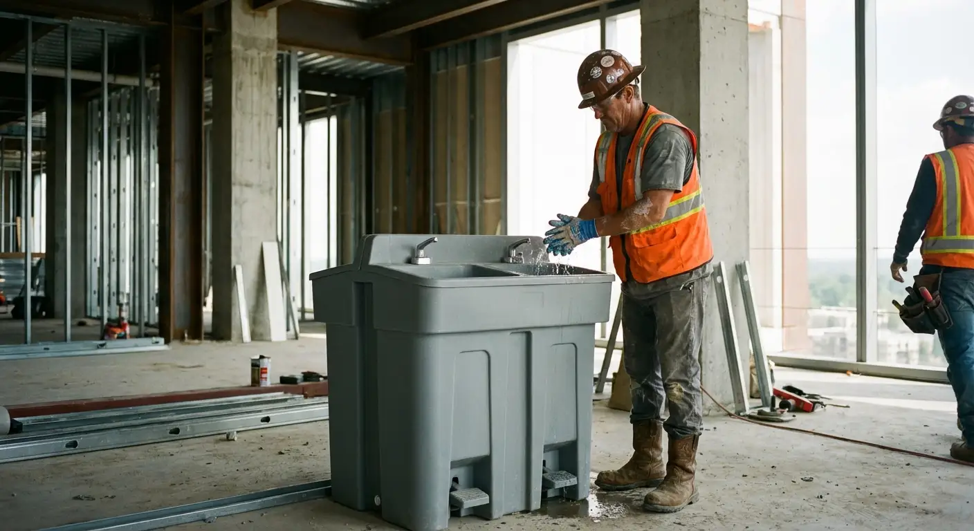 A dual-basin hand wash station positioned on a concrete floor of a high-rise construction site with the city skyline visible through open steel framing. in Ann Arbor, MI