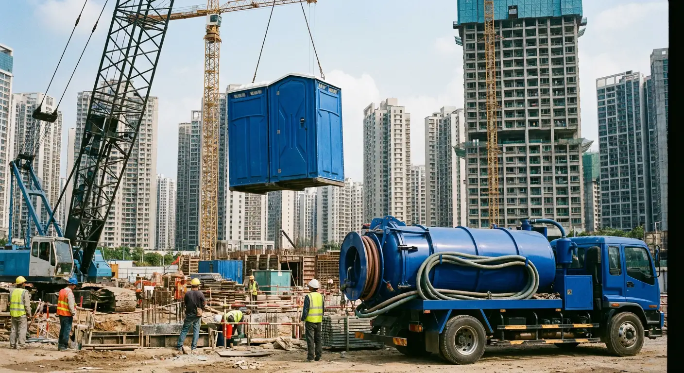 A High-Rise Crane Liftable Toilet unit suspended in mid-air by a crane against a city skyline during the day, showcasing the steel sling attachment. in Ann Arbor, MI