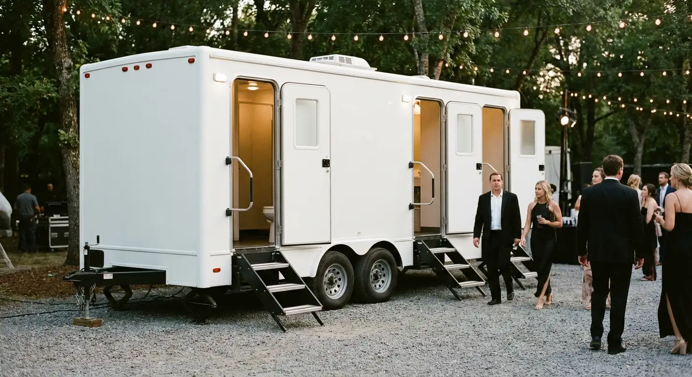 Exterior of a Luxury Restroom Trailer at an evening event, warm lighting spilling from the door, positioned discreetly near a manicured lawn. in Ann Arbor, MI