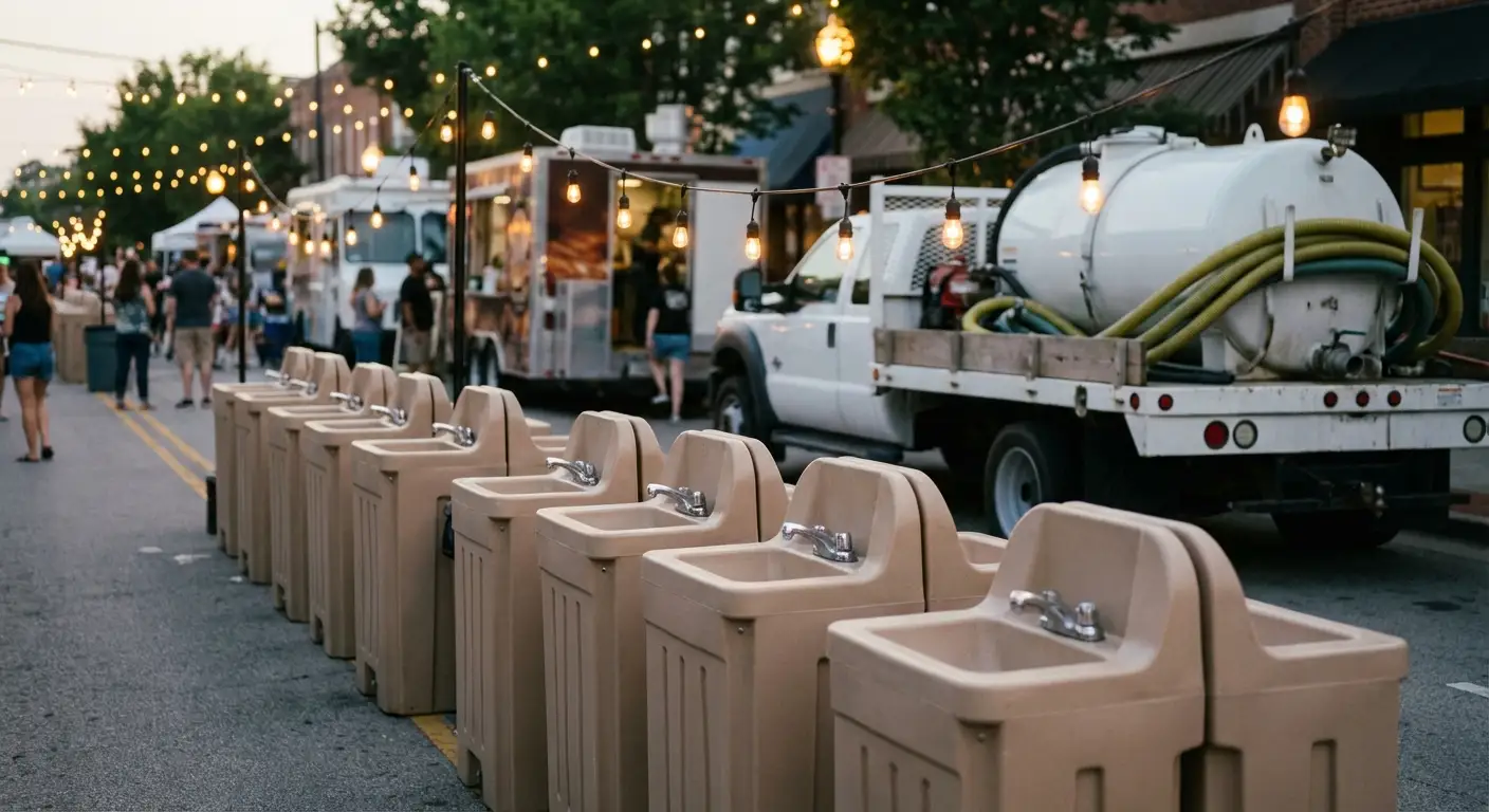 A row of clean, grey portable hand wash stations set up on pavement near food trucks, with blurred festival lights and crowd in the background. in Ann Arbor, MI