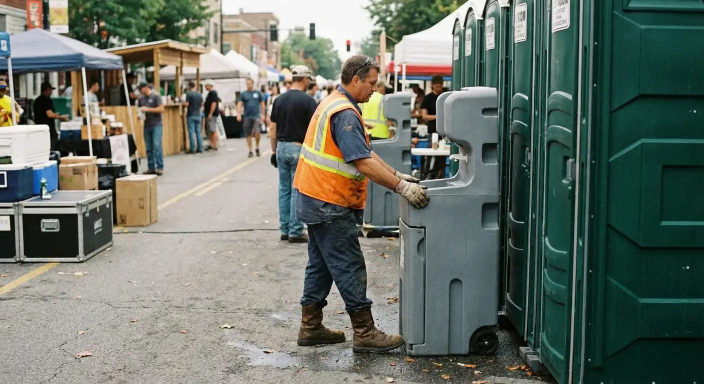 A row of pristine Special Event Portable Restrooms and hand wash stations lined up along a festival barrier with blurred crowds in the background. in Ann Arbor, MI