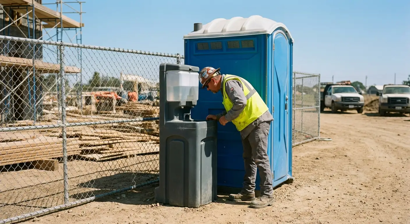 A close-up view of a portable hand wash station next to a portable toilet on a dirt construction site, focusing on the foot pump mechanism. in Ann Arbor, MI